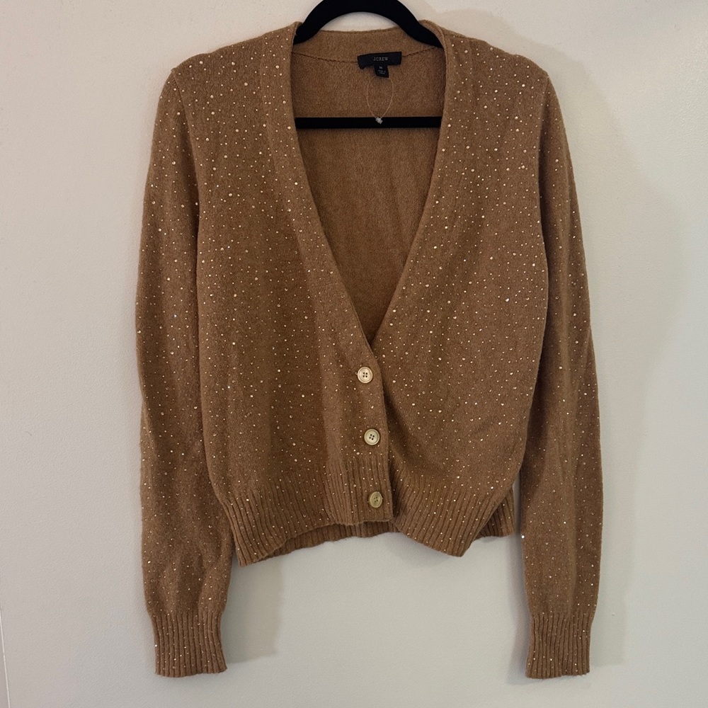 J Crew Sparkle Knit V-Neck Cardigan Sweater - Camel